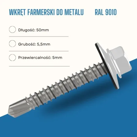 Wkręt farmerski do metalu 5,5X50 mm przewiercalność 5 mm w kolorze RAL 9010